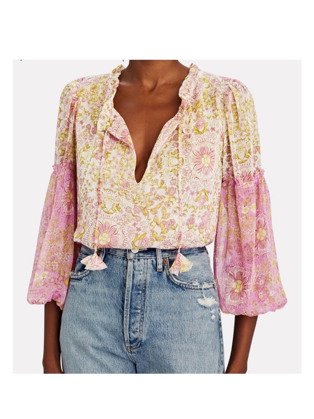 Misa Los Angeles Renata Multi Floral  Chiffon Peasant Top Large